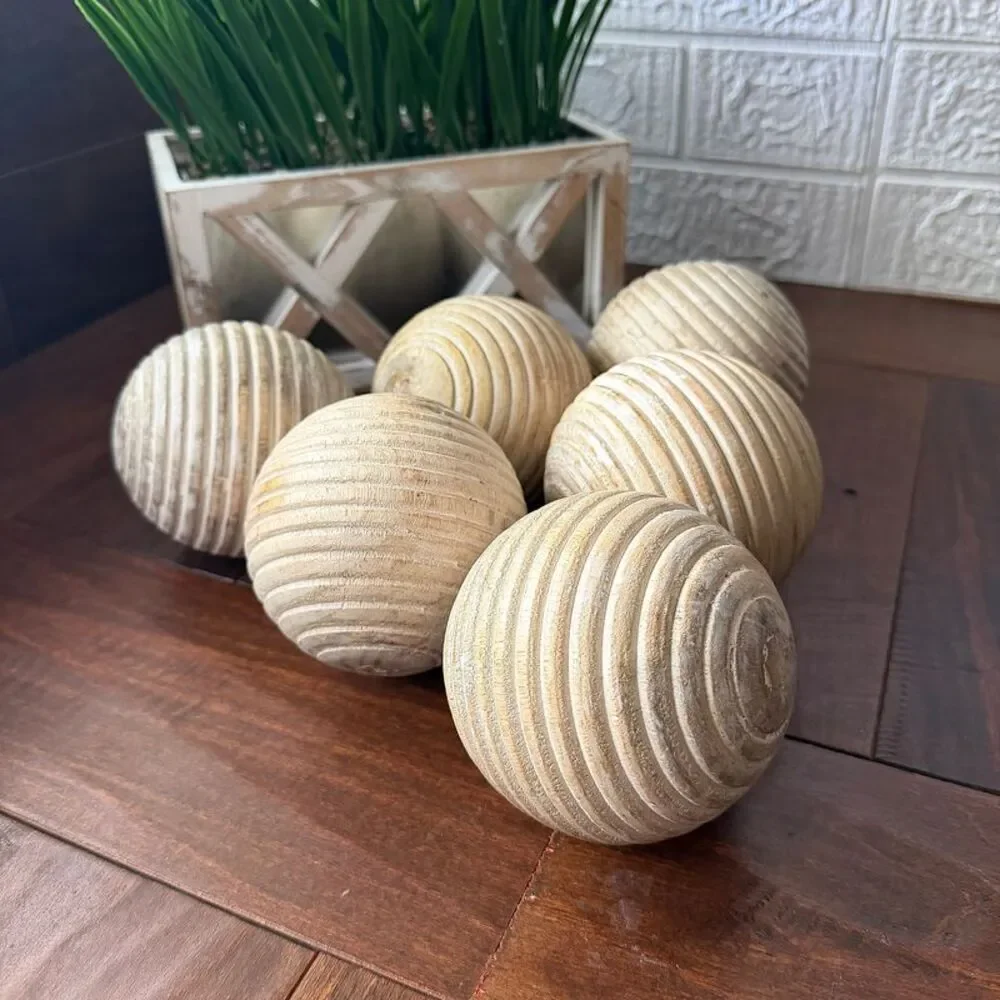 Set of 6 Ribbed Wooden Decorative Orbs Natural 4 Inch Striped Bowl Fillers